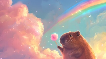 Capibara on cotton candy cloud while eating cotton candy with rainbow behide