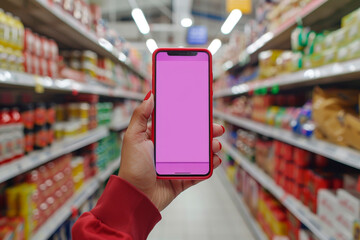 mockup of a mobile phone screen in hand against the background of retail food shelves in a supermarket. Concept: online shopping through an application, remote sale
