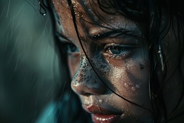 A girl standing in the rain, her face covered in water droplets