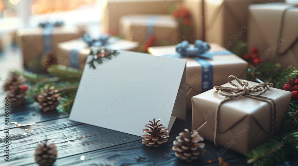 Poster a greeting card on a table with no message inside. mock-up. gift background
