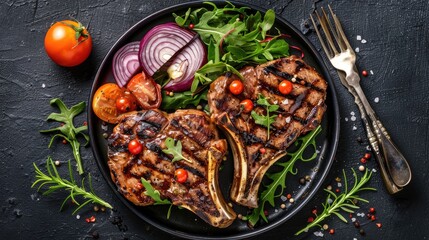 Grilled pork steak dinner with vegetables and fresh salad viewed from above