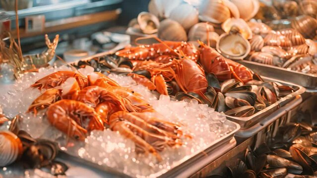 Multiple trays of assorted seafood and shellfish displayed on ice at a bustling seafood market, A bounty of fresh seafood and shellfish