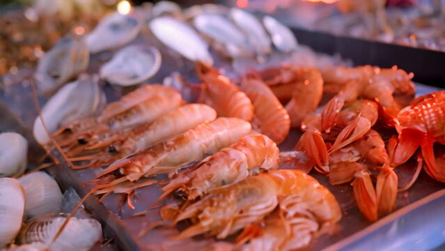 A variety of fresh seafood and shellfish close up, showcasing different types and textures, A bounty of fresh seafood and shellfish