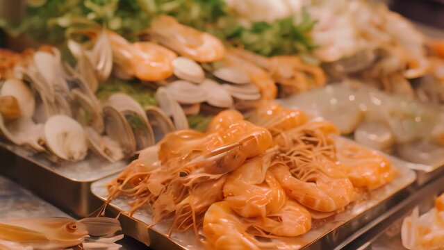 A close-up view of a tray filled with a variety of seafood dishes, prominently featuring shrimp, A bounty of fresh seafood and shellfish