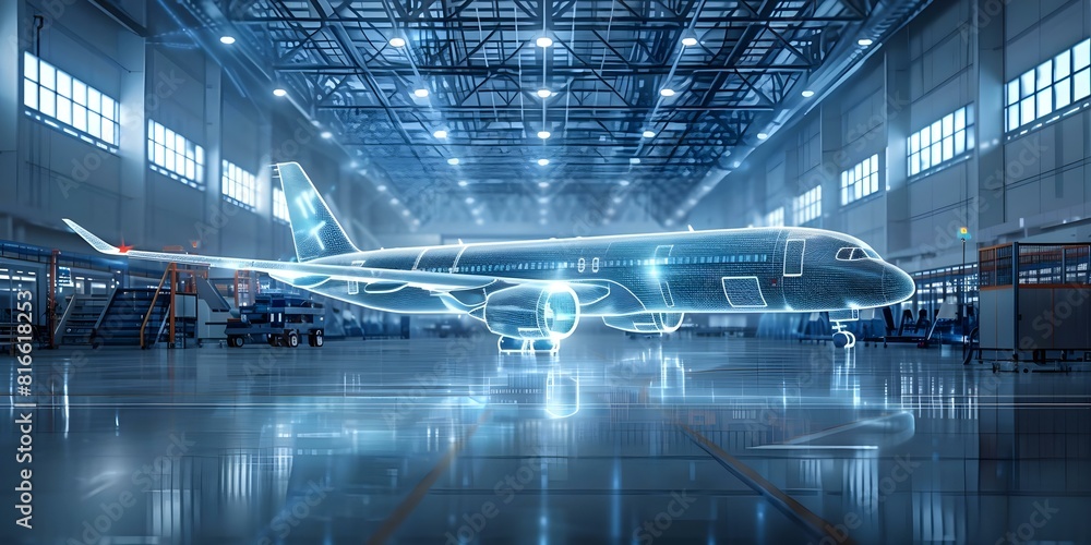 Poster innovative aircraft manufacturing facility utilizing generative ai technology. concept generative ai