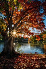 Picturesque Autumn Scenery: Majestic Tree by Serene Lake with Arched Bridge