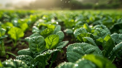 A lush green field of organic spinach, with water droplets visible on the leaves, symbolizing fresh irrigation. - Powered by Adobe