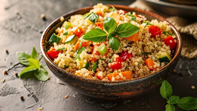 A bowl filled with rice and assorted vegetables sitting on a wooden table, A bowl of quinoa mixed with vegetables and herbs