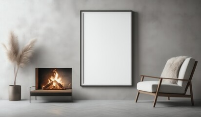 Mockup white poster frame on the wall.Accent chair with fur throw against concrete wall with fireplace. Loft home interior design of modern living room.