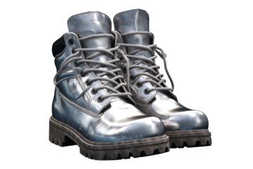 Shimmering Silver Guardians: A Pair of Combat Boots on White or PNG Transparent Background.