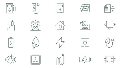 Electricity, electrical energy line icons set. Electricity, electric power line, light, light bulb and electrical equipment outline icon collection. Thin outline icons pack