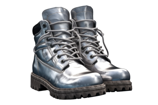 Shimmering Silver Guardians: A Pair of Combat Boots on White or PNG Transparent Background.
