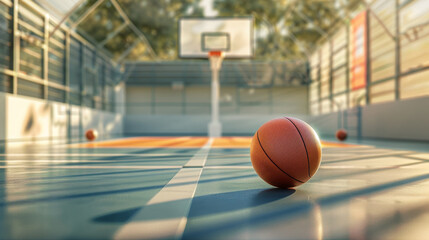 A basketball on a court with hoop and net Banner of basketball game Sport concept - Powered by Adobe