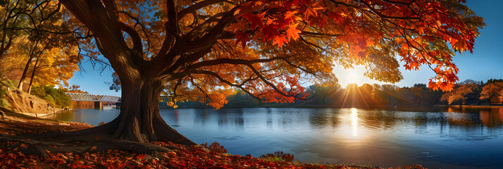 Picturesque Autumn Scenery: Majestic Tree by Serene Lake with Arched Bridge