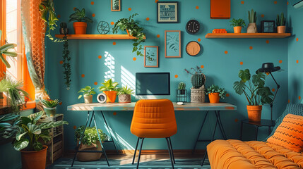 A colorful room with a desk and chair, a clock, and a computer