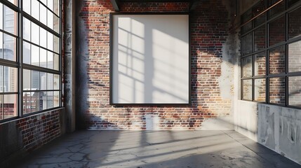 Blank frame in the center of brick wall with big windows on the left side