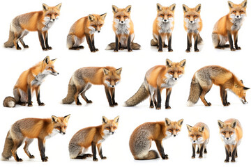 Wildlife photography, A variety of fox are shown in a variety of poses. Different expressions in the style of symmetrical grid, white background