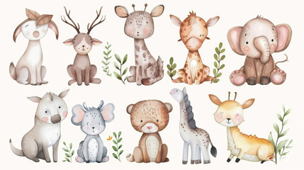 Whimsical and cute animals adorable and imaginative animal characters charming playful designs watercolor hand drawings pastel colors stickers size A4 ready for print solid white background