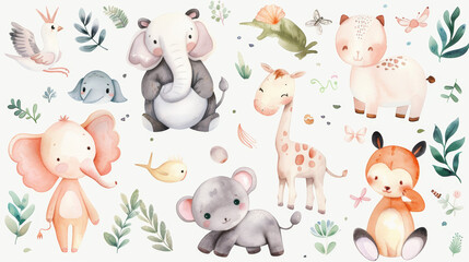 Whimsical and cute animals adorable and imaginative animal characters charming playful designs watercolor hand drawings pastel colors stickers size A4 ready for print solid white background