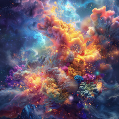 3D exploding cloud of corals and fish 3D with shimmering glitter , abstract background with explosione, 3D magic in space , fractal background 