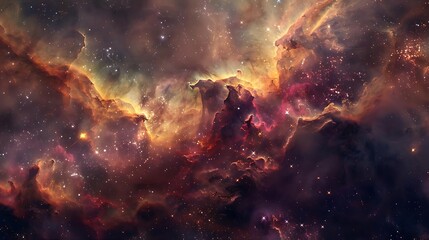 Obraz premium The image shows a colorful nebula in space with bright stars and dark dust clouds.