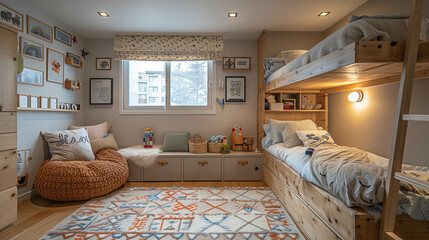 A bedroom with a bunk bed and a bean bag chair