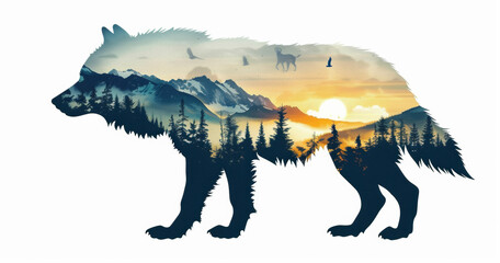 Silhouette side view of a wolf with image of an Alaskan landscape with a bear inside the silhouette. Double exposure