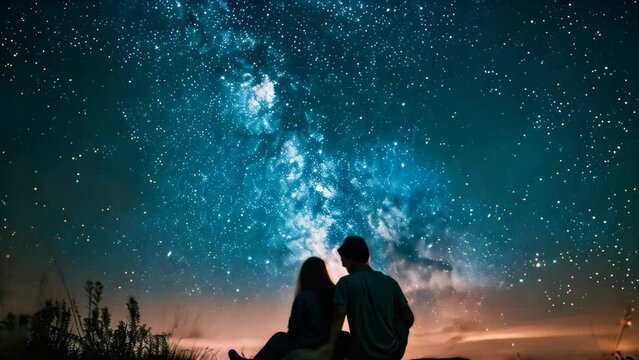 Brother and sister gaze at the stars while sitting on a hill, A brother and sister sharing a secret under the stars