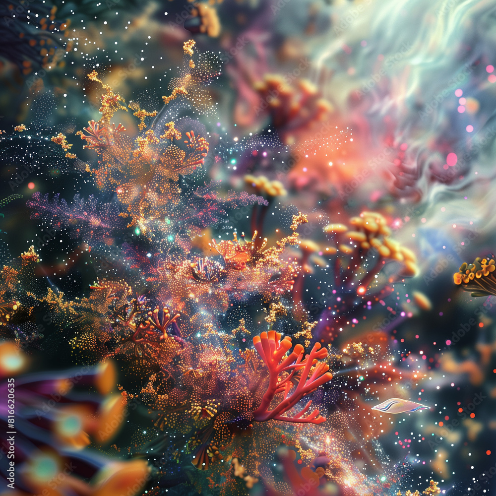 Wall mural 3d exploding cloud of corals and fish 3d with shimmering glitter , abstract background with explosio