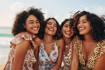 Obraz premium A diverse group celebrates summer on a California beach in flowy, eco-conscious dresses. The ocean breeze whispers of a sustainable future.
