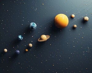 A beautiful depiction of our solar system, with the sun and planets arranged in a perfect line