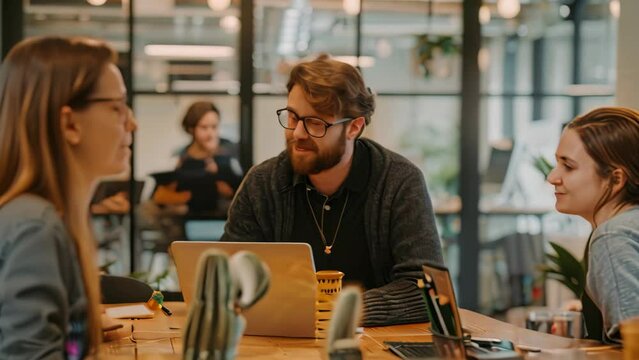 A diverse group of people engaged in a business meeting around a sturdy wooden table, A business man consulting with his team in a modern office