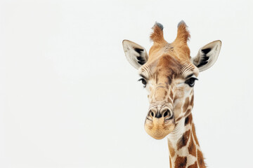 Fototapeta premium Giraffe peeking into the frame from the right on a white background