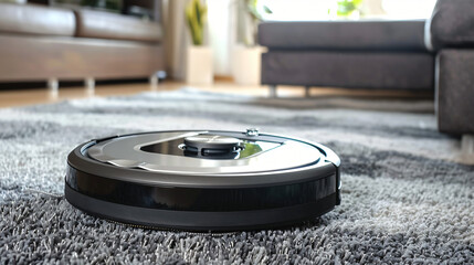 Modern robot vacuum cleaner on stylish carpet in room