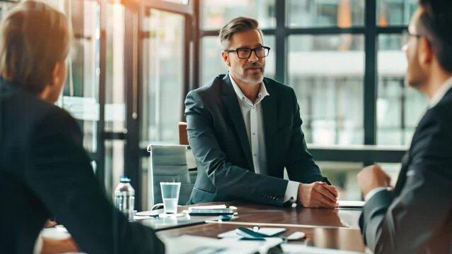 Group of professionals engaged in discussion and planning at a boardroom table, A businessman in a boardroom, discussing strategies with a team of experts