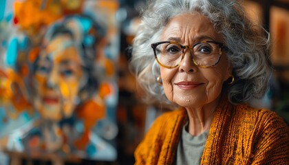 Portrait of a wise and confident elderly woman with gray hair and glasses, wearing an orange sweater, standing in front of a painting - Powered by Adobe