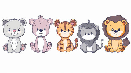 Funny cartoon animals with white background. simple draw style