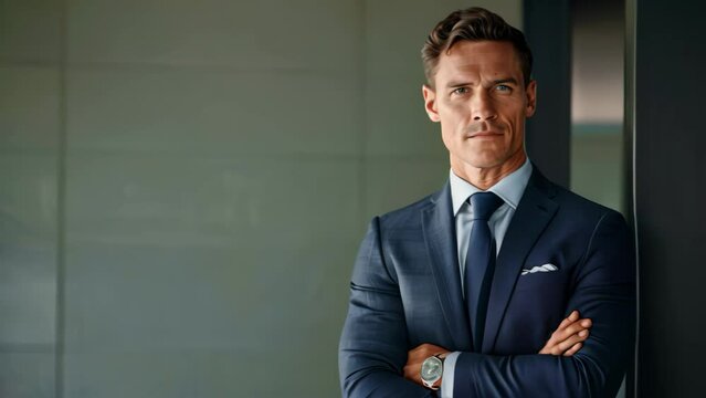 A man wearing a stylish suit standing confidently with his arms crossed, A businessman in a sleek suit, standing confidently with arms crossed