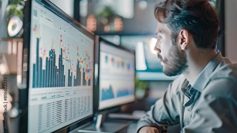 Poster a man sitting in front of a computer monitor, analyzing charts and graphs, a businessman looking at 