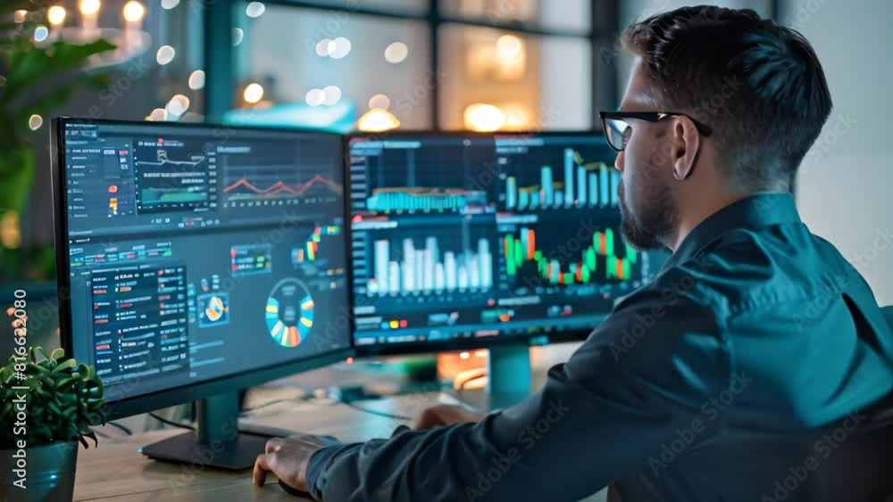 Poster a man is seated at a desk, focusing on charts and graphs displayed on two computer monitors, a busin