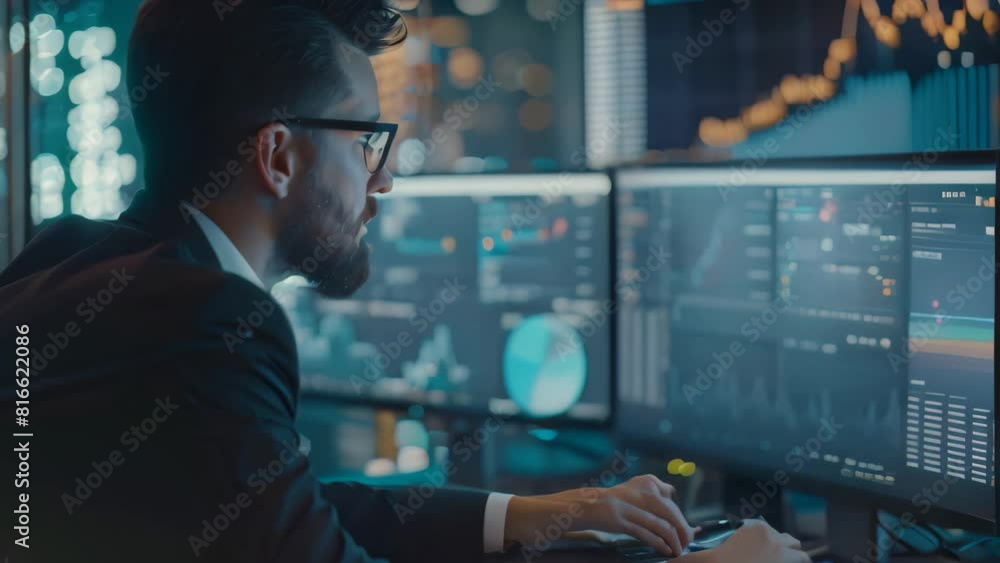 Poster a man sitting in front of a computer monitor, examining charts and graphs for analysis, a businessma