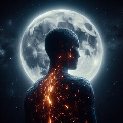 A human silhouette stands against a massive moon, with veins of fire coursing through it, combining cosmic and human elements.. AI Generation