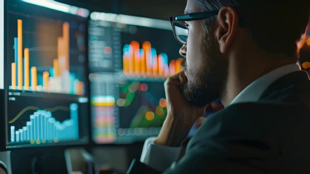A man wearing glasses is focused on analyzing data displayed on a computer screen, A businessman looking at charts and graphs on a computer screen
