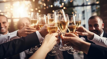 Group of cheerful friends toasting with champagne flutes at a party - Powered by Adobe