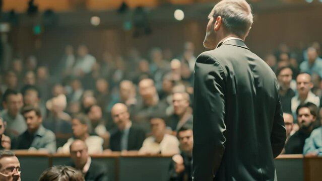 A man in a business suit giving a presentation to a large group of diverse people, A businessman making a presentation in front of a group of people
