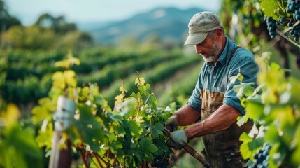 A view of a farmer pruning an organic vineyard, highlighting techniques for maintaining vine health.