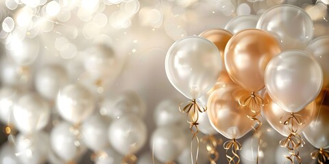 3D rendered balloons with ribbons for festive occasions in white and gold. Concept 3D Rendering, Balloons, Ribbons, Festive Occasions, White and Gold