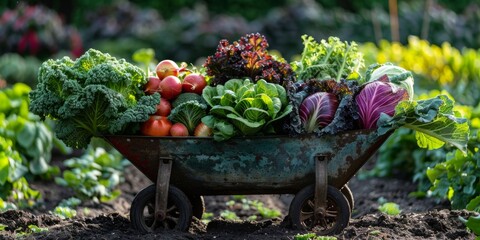 A wheelbarrow filled with a variety of freshly harvested organic vegetables.