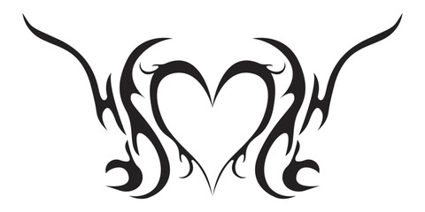 Neo tribal heart y2k aesthetic tattoo gothic cover, fire or wings abstract silhouette isolated on background. Divider, border, cyber body ornament, neotribal web goth decoration