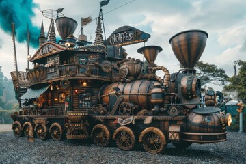 A surreal coffee carnival with rides and attractions made of coffee-related elements